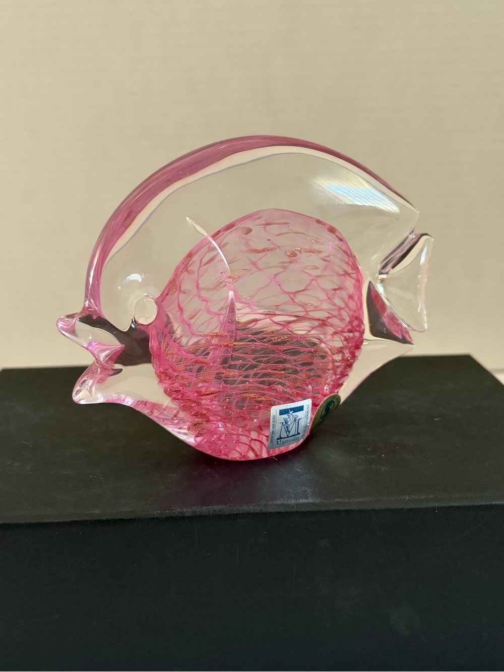 Vintage Marcolin Sardinia Art Glass Fish Figurine Signed Italy Pink Lattice Gold